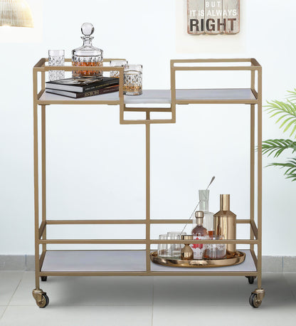 Supreme Metal & Solid Wood Bar Trolley In White And Golden Finish