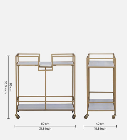 Supreme Metal & Solid Wood Bar Trolley In White And Golden Finish