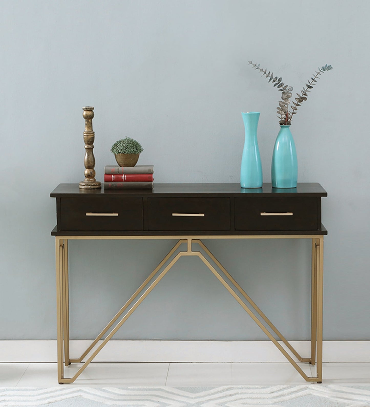 Dive - Console Table With Metal Powder Coated Legs In Gold & Dark Polish Wooden Top