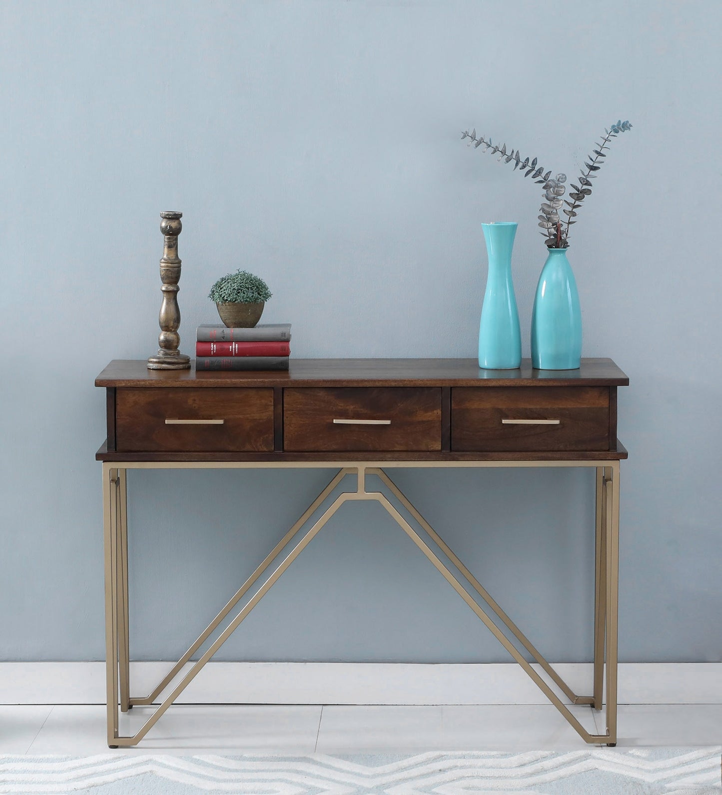 Phrase - Console Table With Metal Powder Coated Legs In Gold & Solid Wood Table Top In Provincial Teak Finish