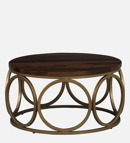 Cart Metal Coffee Table In Matte Gold Polish Shade & Solid Wood Top