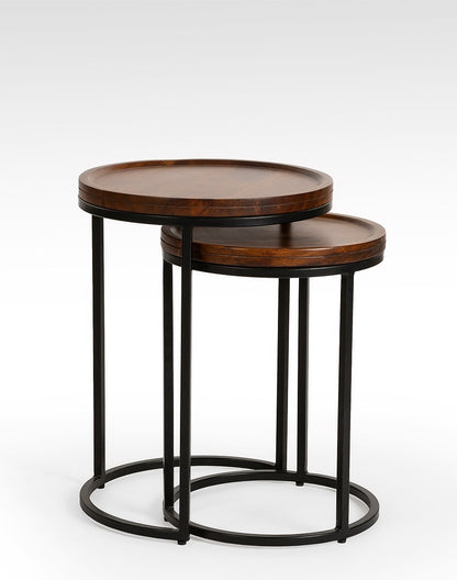 Iron And Solid Wood Side Table In Walnut Finish