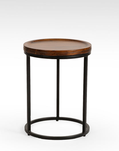 Iron And Solid Wood Side Table In Walnut Finish