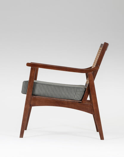 Solid Wood And Cloth Upholstered Chair In Teak Finish