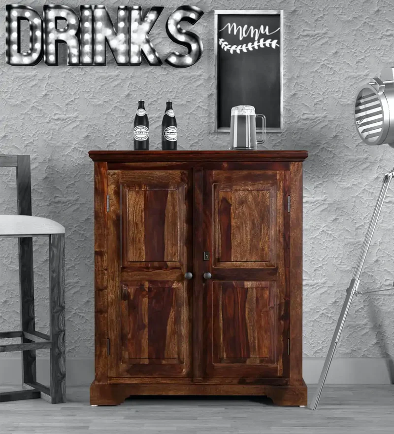 Solid Wood Bar Cabinet In Teak Finish