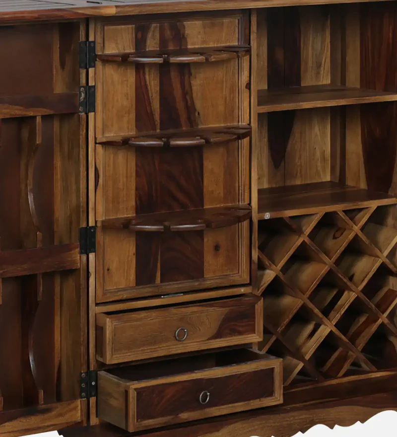 Solid Wood Bar Cabinet In Teak Finish