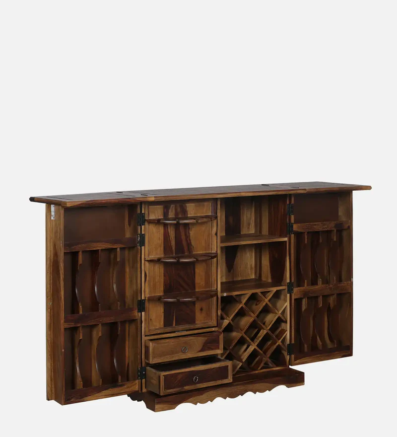 Solid Wood Bar Cabinet In Teak Finish