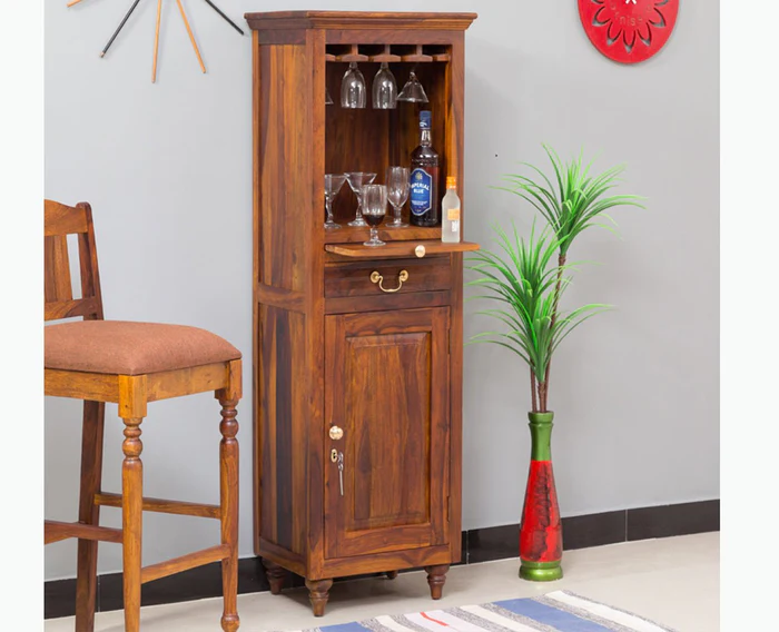 Solid Wood Bar Cabinet In Brown Finish