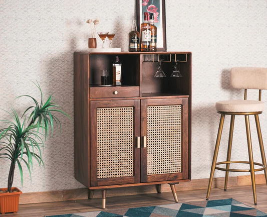 Solid Wood Bar Cabinet In Grey Finish