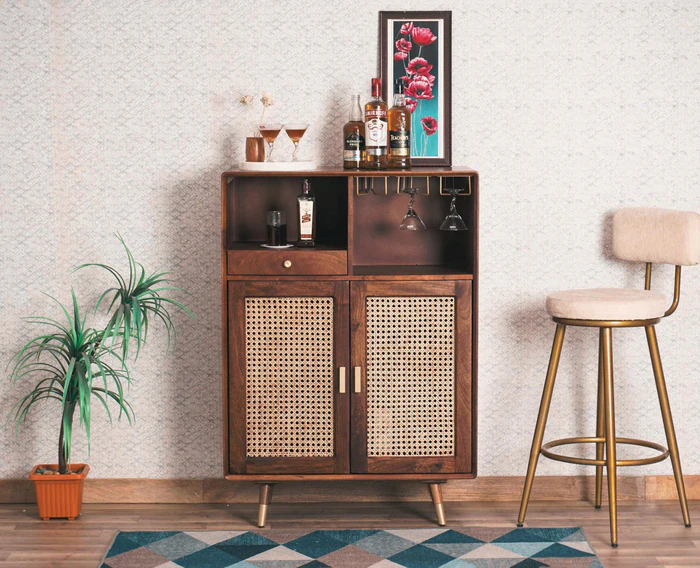 Solid Wood Bar Cabinet In Grey Finish