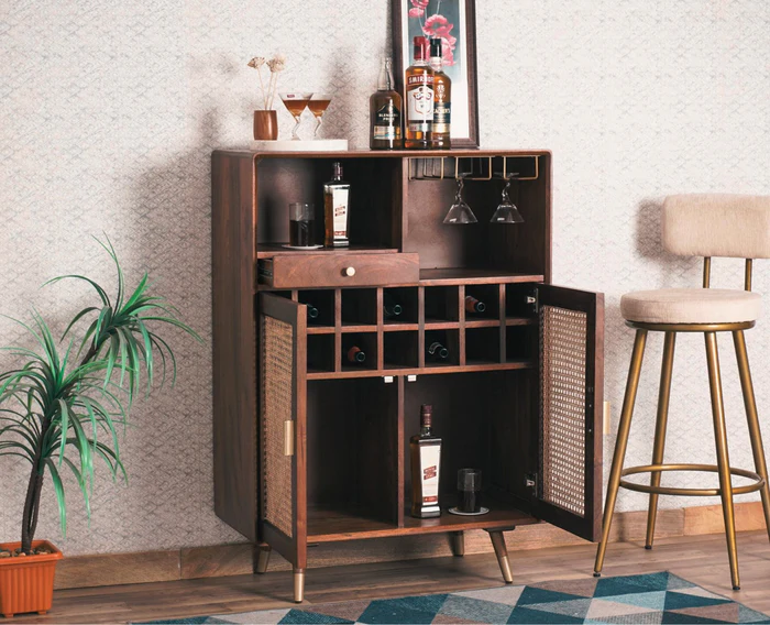 Solid Wood Bar Cabinet In Grey Finish