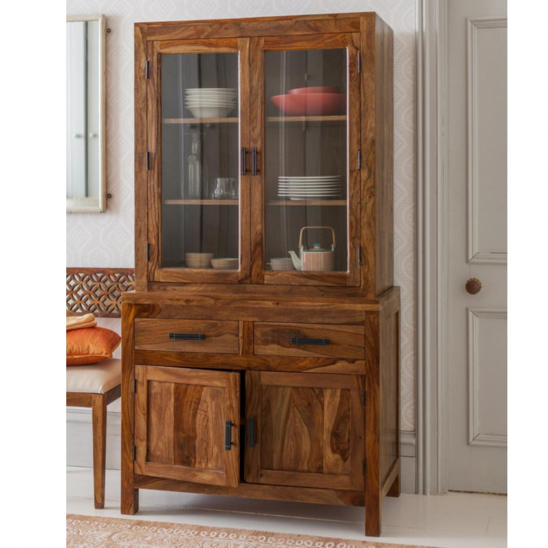 Solid Wood Bar Cabinet In Honey Finish