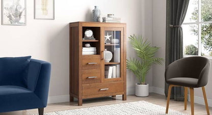 Solid Wood Bar Cabinet In Amber Walnut Finish