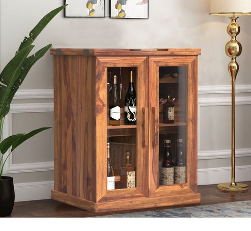 Solid Wood Bar Cabinet In Honey Gold Finish