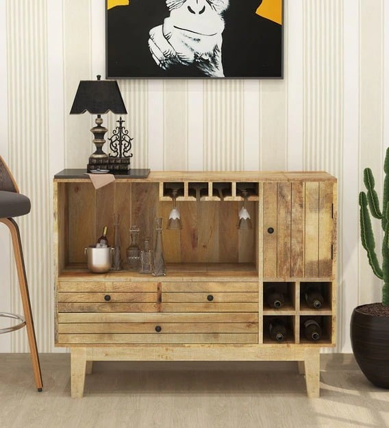 Solid Wood Bar Cabinet In Natural Finish