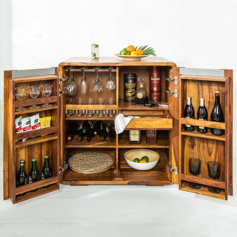 Solid Wood Bar Cabinet In Brown Finish