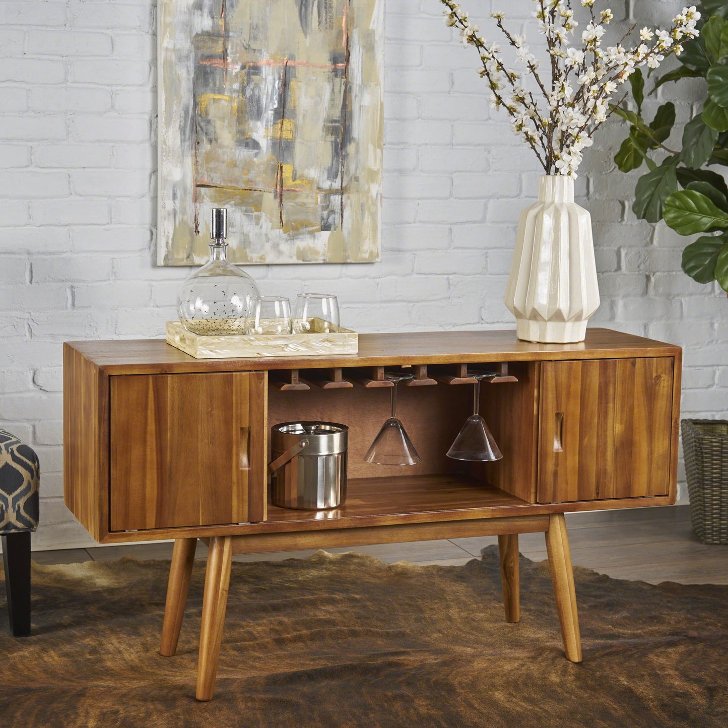 Solid Wood Bar Cabinet In Light Oak Finish