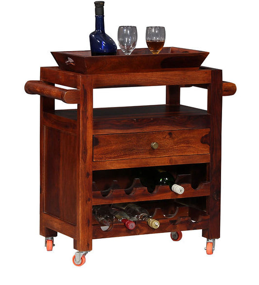 Solid Wood Bar Trolley In Mahogany Finish