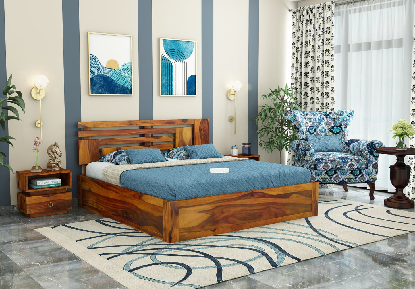 Solid Wood King Bed In Teak Finish