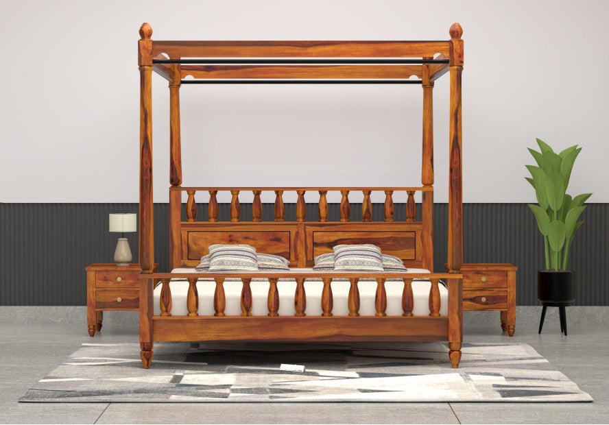 Solid Wood King Bed In Teak Finish