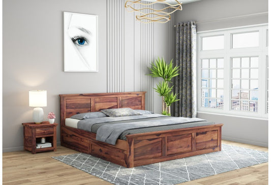 Solid Wood King Bed In Teak Finish