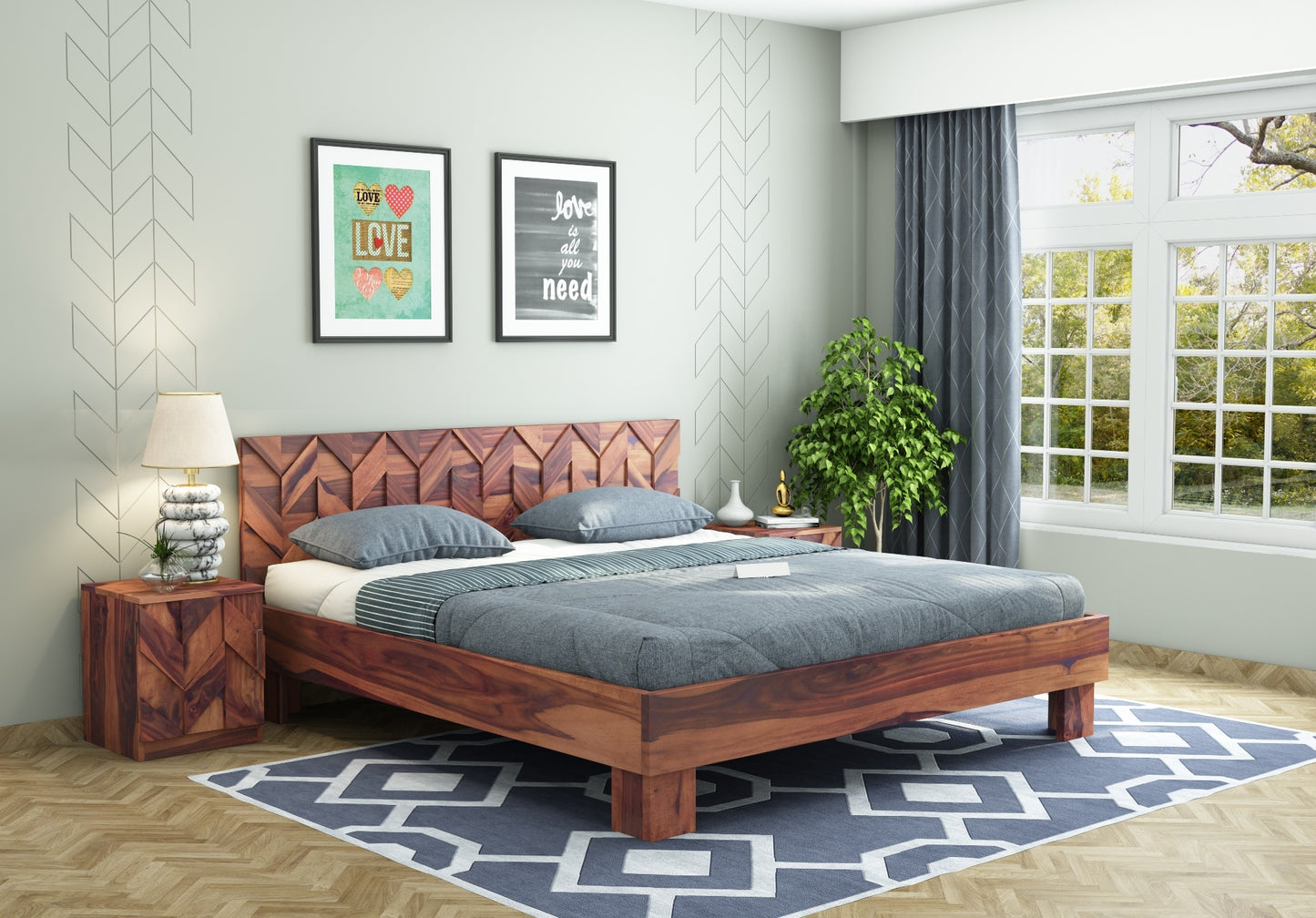 Solid Wood Queen Bed In Honey Finish