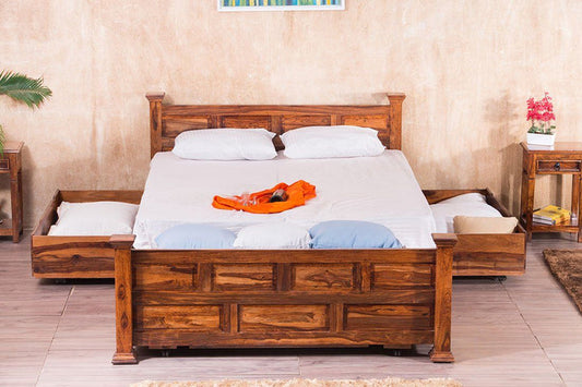 Solid Wood Queen Bed In Honey Finish