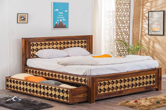 Solid Wood King Bed In Honey Finish