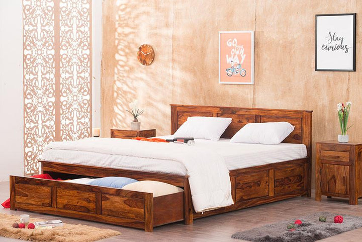 Solid Wood Queen Bed In Honey Finish