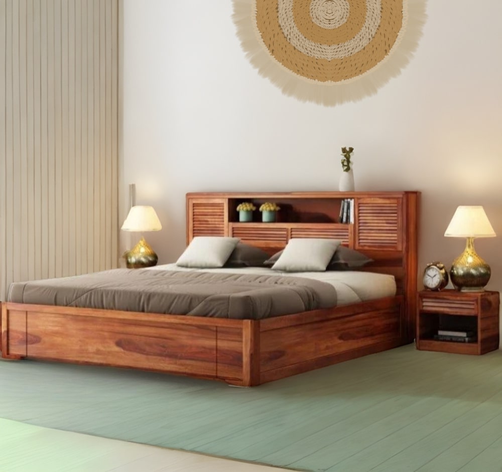 Solid Wood King Bed In Honey Finish