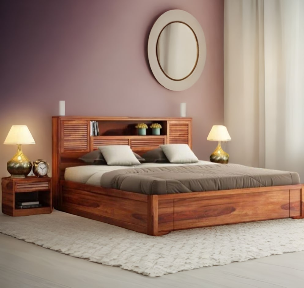 Solid Wood King Bed In Honey Finish