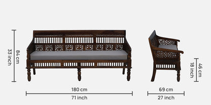 Bun - Sheesham Wood 3 Seater Sofa In Provincial Teak Polish & Grey Seat Fabric