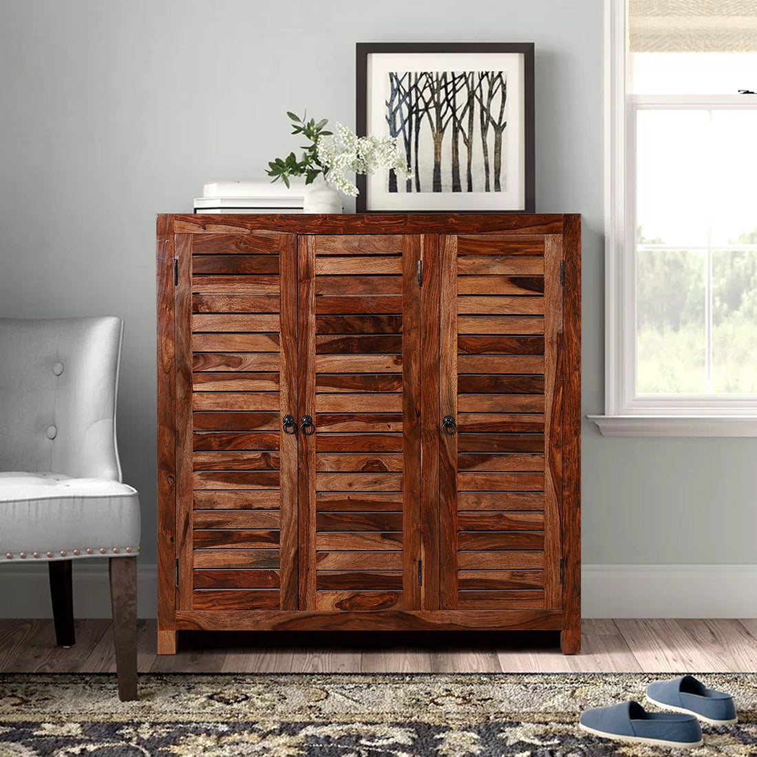 Solid Wood Shoe Rack In Honey Oak Finish