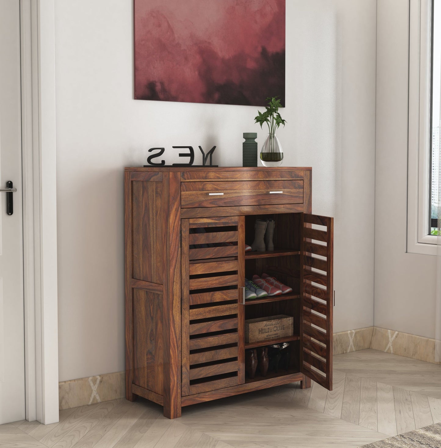 Solid Wood Shoe Rack In Walnut Finish