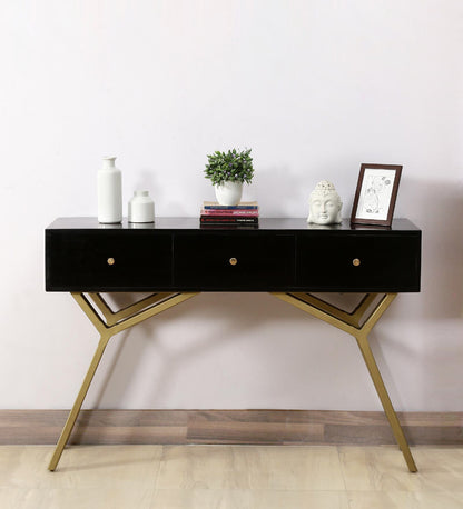 Solid Wood Console Table In Dark Walnut With Metal Base