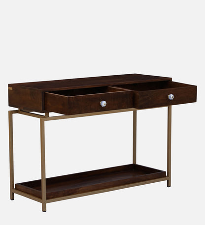 Solid Wood Console Table With Gold Finished Metal Frame - Provincial Teak