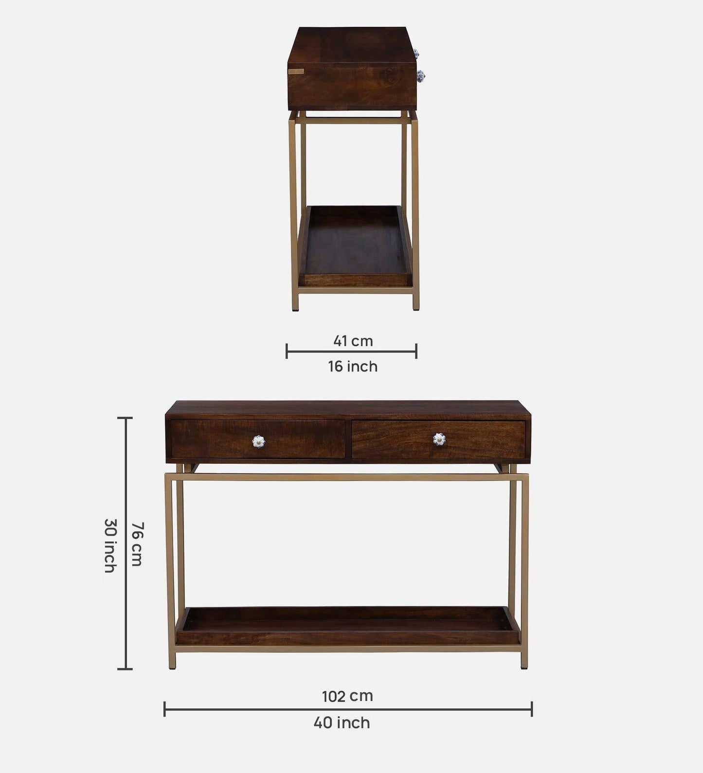 Solid Wood Console Table With Gold Finished Metal Frame - Provincial Teak