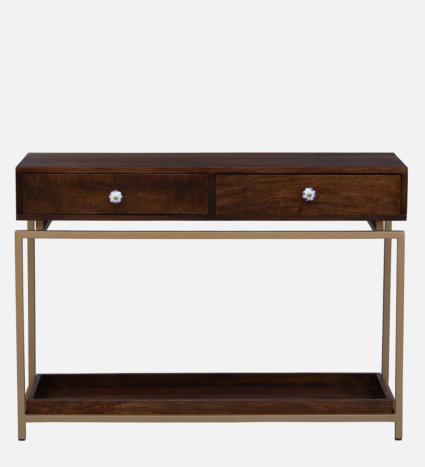 Solid Wood Console Table With Gold Finished Metal Frame - Provincial Teak