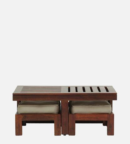 Milden - Solid Wood Nesting Coffee Table Set In Honey Oak Polish Shade With Two Cushioned Stools