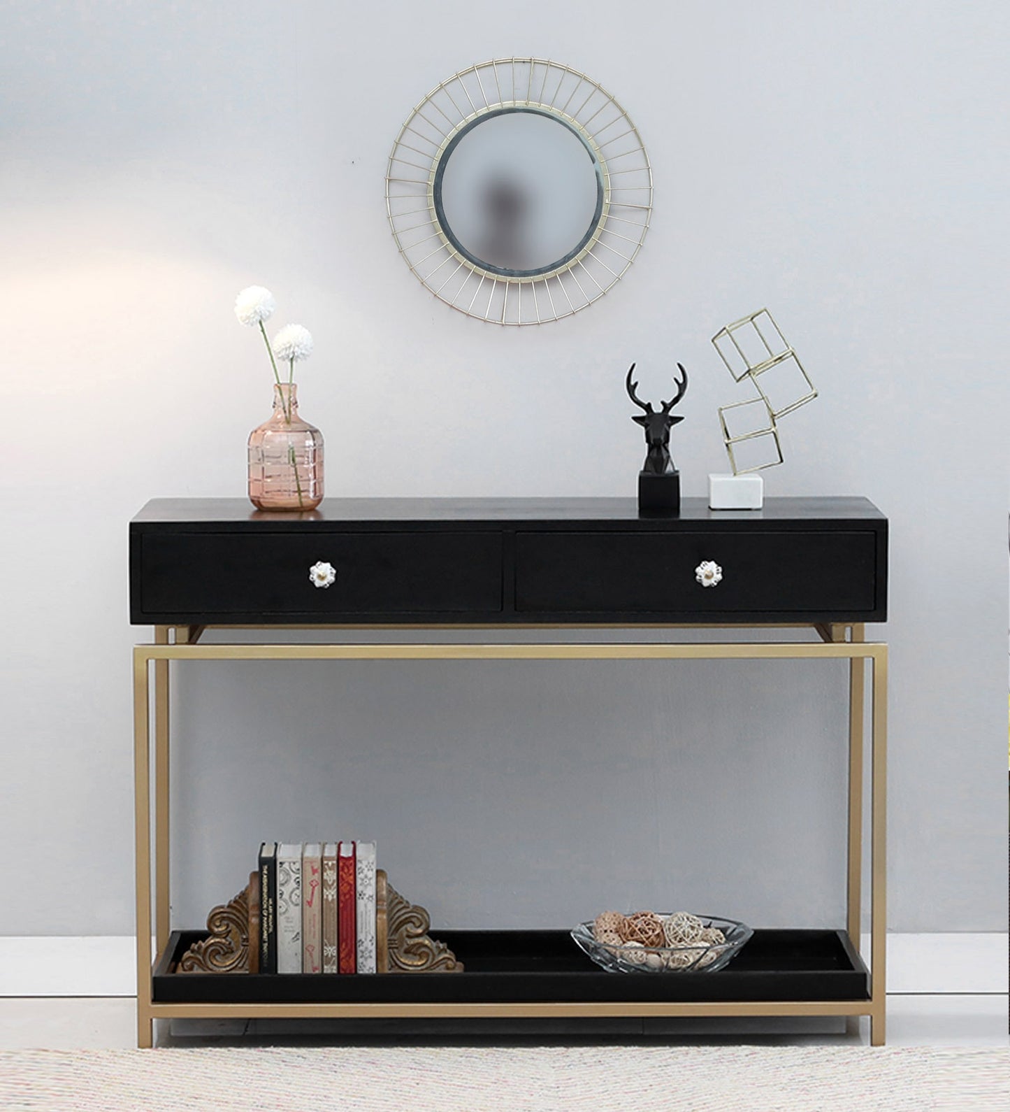 Solid Wood Console Table With Gold Finished Metal Frame - Dark Walnut