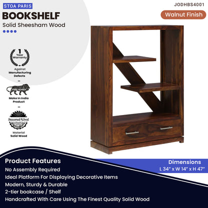 Abazz Solid Wood Bookshelf Storage Organizer With Two Drawers In Walnut Polish