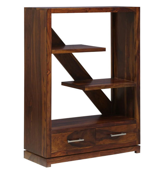 Abazz Solid Wood Bookshelf Storage Organizer With Two Drawers In Walnut Polish