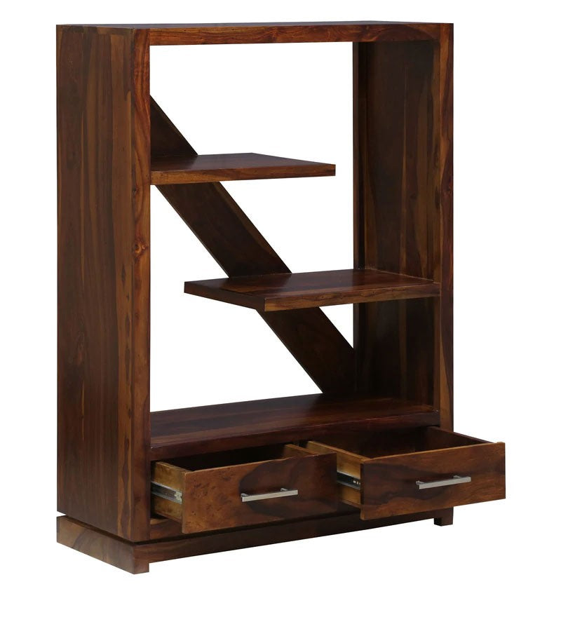 Abazz Solid Wood Bookshelf Storage Organizer With Two Drawers In Walnut Polish