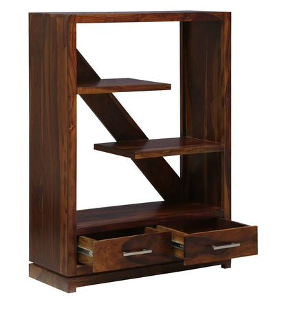 Abazz Solid Wood Bookshelf Storage Organizer With Two Drawers In Walnut Polish