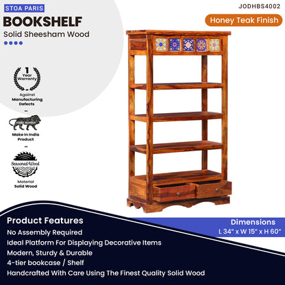 Bellfort Bookshelf Storage Organizer With Two Drawers - Honey Teak Polish