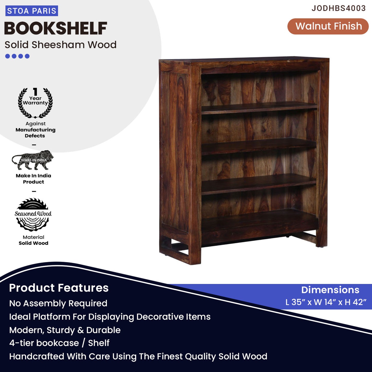 Ruther Solid Wood Bookshelf Storage Organizer In Walnut Polish Shade