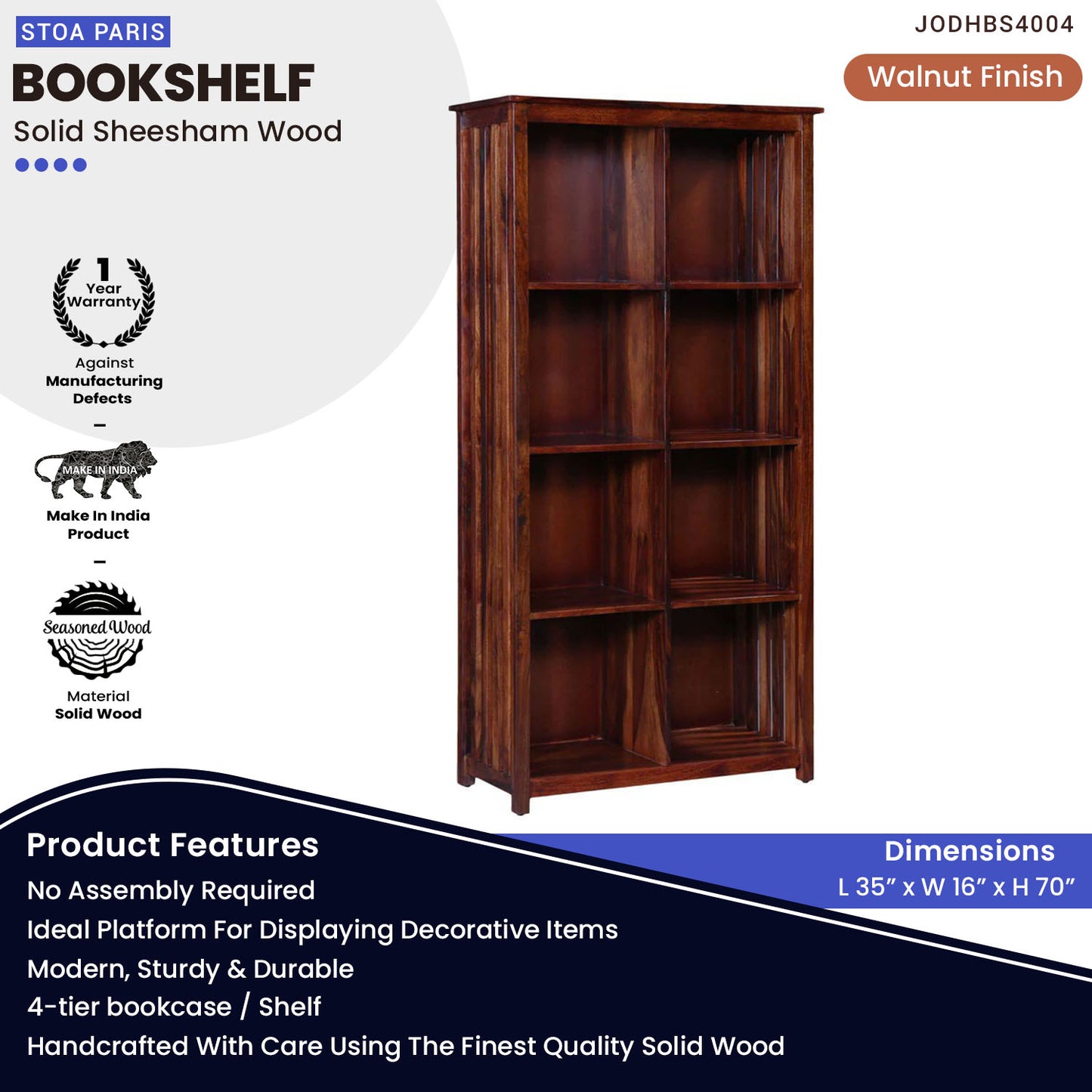 Adolph Solid Wood Bookshelf Storage Organizer - Walnut