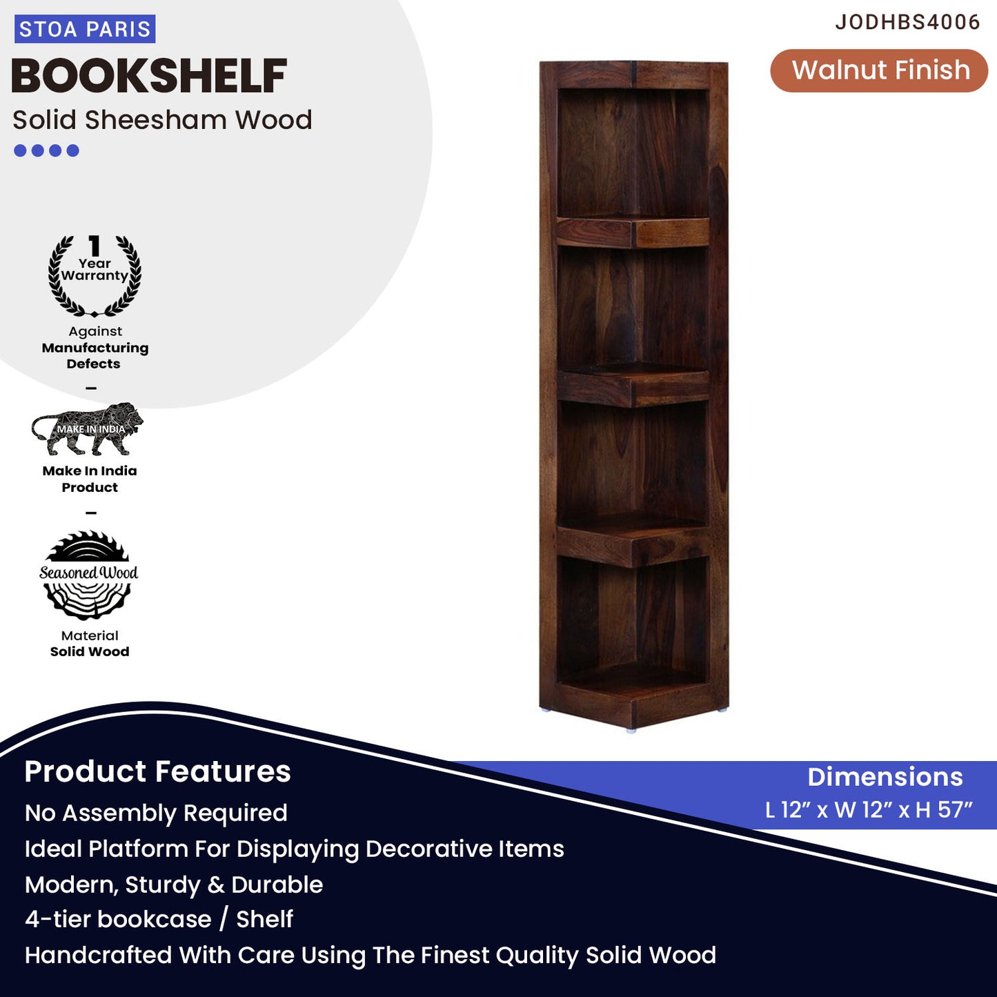 Rey Bookshelf Storage Organizer Solid Sheesham Wood - Walnut