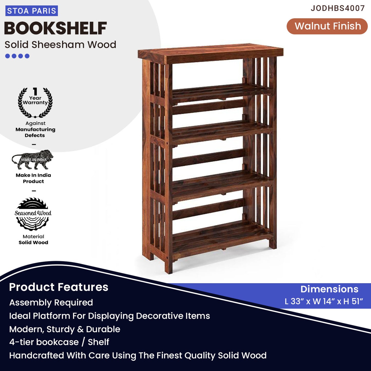 Barrin Solid Wood Bookshelf Storage Organizer - Walnut