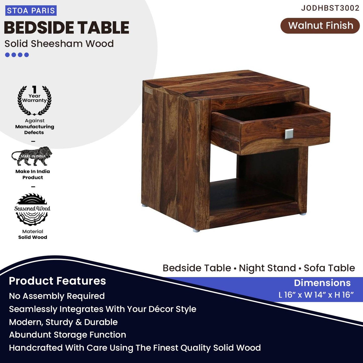 Brave Nightstand Bedside Table With Drawer In Solid Sheesham Wood In Walnut Polish Finish